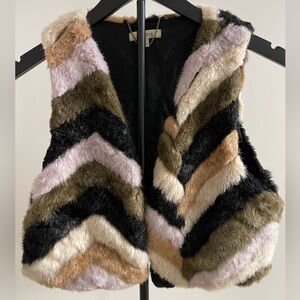 Multicolor Faux Fur Chevron Vest - Ivory, Camel, Black & Olive
